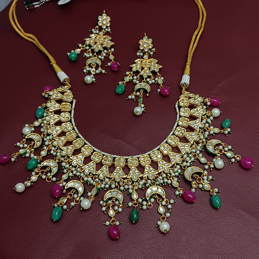 Jadau Kundan Bridal Necklace, Earrings & Tikka Set with Minakari