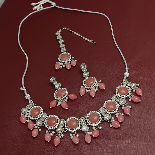 Antique Finish Peach Stone Necklace Earrings & Tikka Set