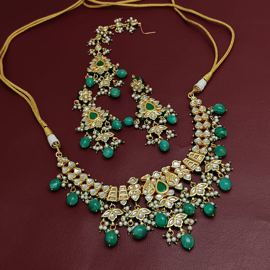 Emerald Kundan Peacock Design Necklace & Earrings Set