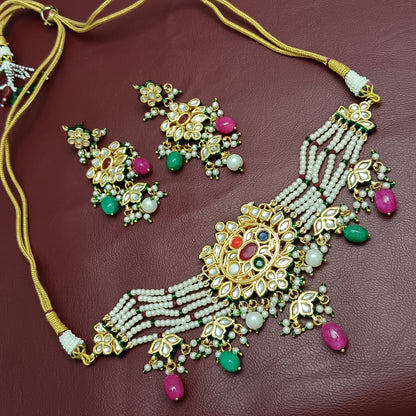 Navaratna Style Jadau Choker Necklace & Earrings Set with back Minakari