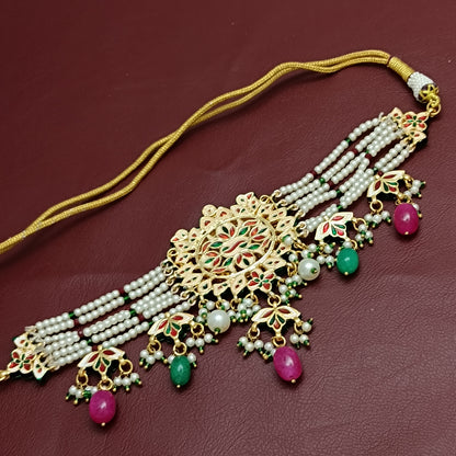 Navaratna Style Jadau Choker Necklace & Earrings Set with back Minakari