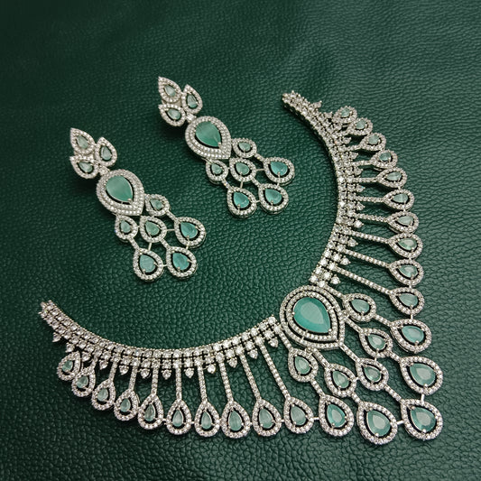 Mint Elegance CZ Diamond Necklace & Earrings Set – Perfect for Special Occasions