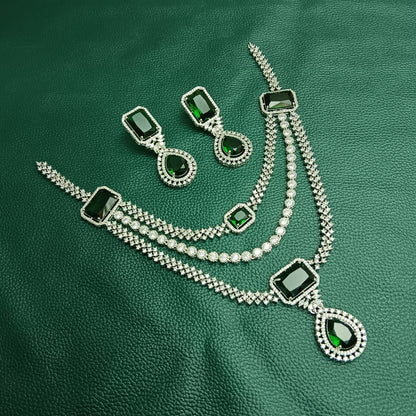 3-Layer Green Emerald Necklace & Earrings CZ Diamond Set