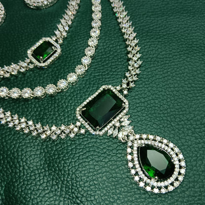 3-Layer Green Emerald Necklace & Earrings CZ Diamond Set