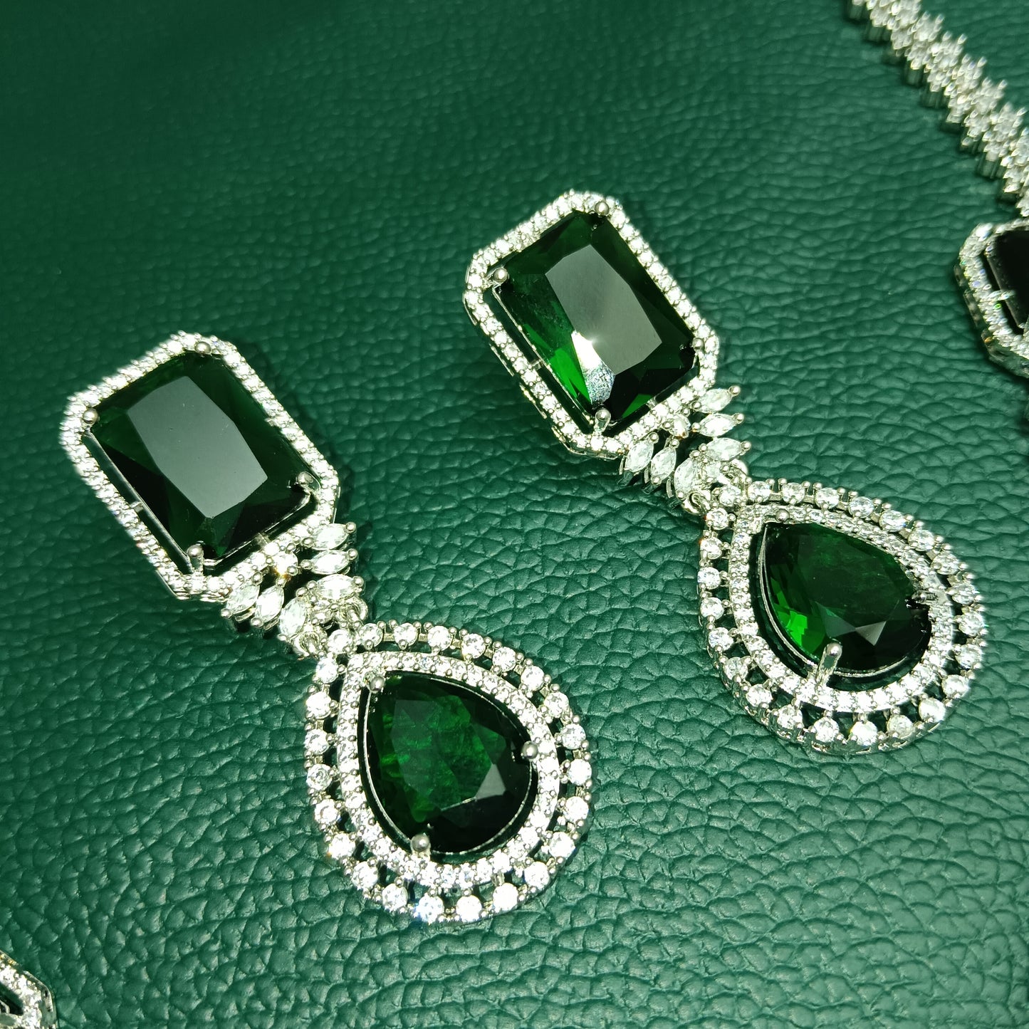 3-Layer Green Emerald Necklace & Earrings CZ Diamond Set