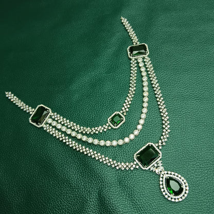 3-Layer Green Emerald Necklace & Earrings CZ Diamond Set