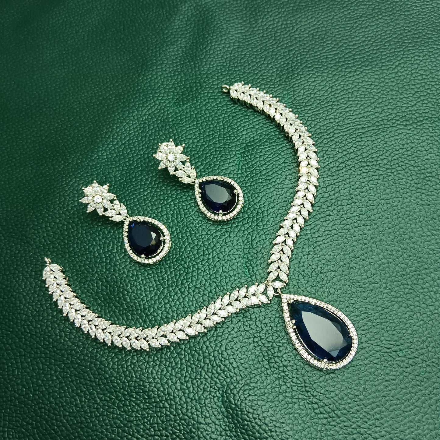 Blue Sapphire CZ Diamond Necklace & Earrings Set