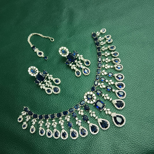 Blue CZ Diamond Bridal Necklace, Earrings & Tikka Set