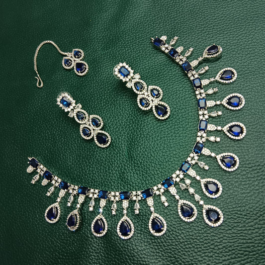 Sapphire Dream American CZ Diamond Bridal Necklace, Earrings & Tikka Set