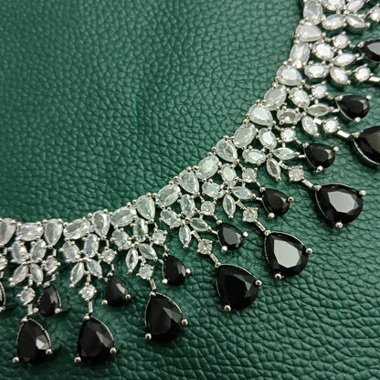 Silver-Plated Black Stone Necklace & Earrings Set