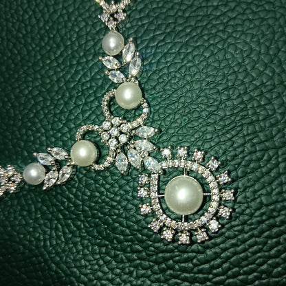 CZ Diamond & Pearl Silver-Plated Necklace & Earrings Set