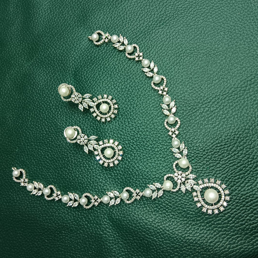 CZ Diamond & Pearl Silver-Plated Necklace & Earrings Set