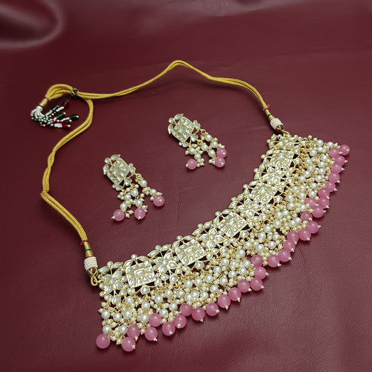 Kundan Pink Beads Choker Necklace & Earrings Set