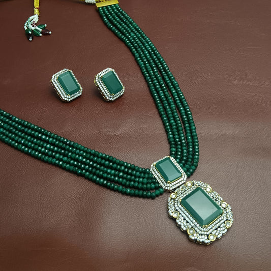 Emerald Long Necklace & Earrings with Onyx Beads